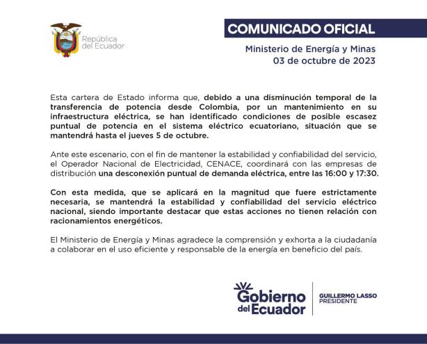 Ministerio de Energía anuncia cortes de luz en Ecuador