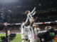 MADRID, 25/02/2024.- El centrocampista del Real Madrid Luka Modric (arriba) celebra tras marcar ante el Sevilla, durante el partido de Liga que Real Madrid y Sevilla FC disputan este domingo en el estadio Santiago Bernabéu. EFE/Javier Lizón