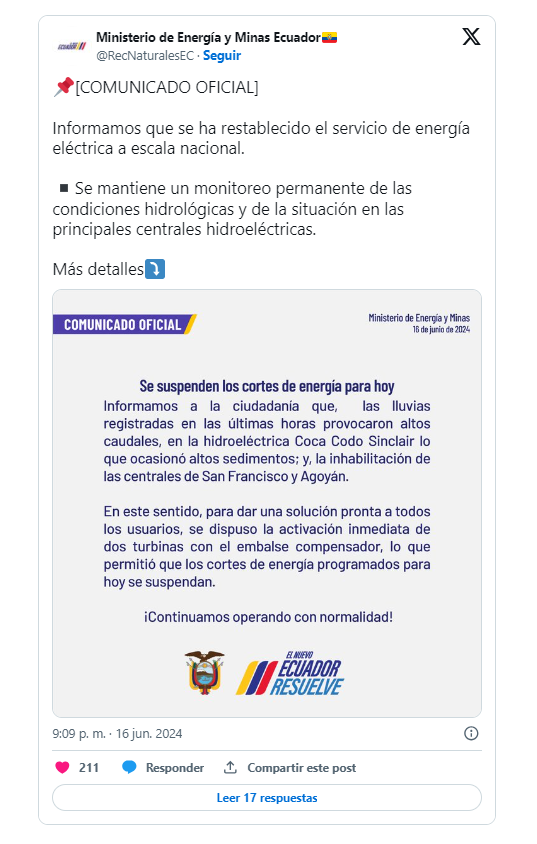 Se Suspenden Los Cortes De Luz En Ecuador 0525