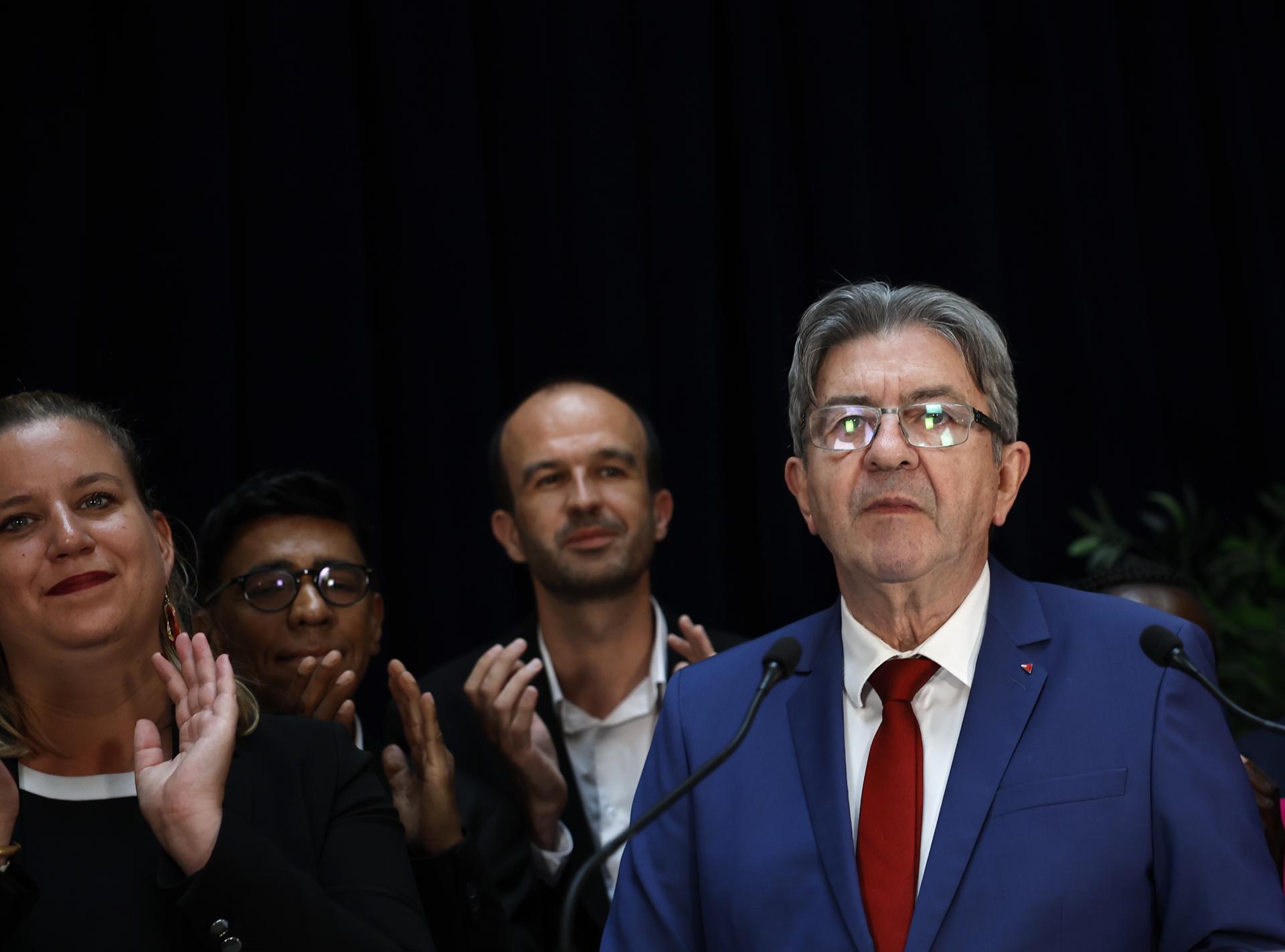 Jean-Luc Melenchon leader of La France Insoumise (LFI) reacts after ...